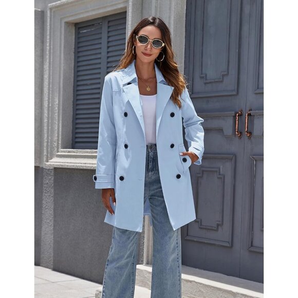 Women' Light Blue Waterproof Trench Coat Classic Lapel Outerwear Coat with Belt - Picture 3 of 6